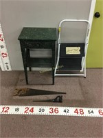 Lamp table, saws, step stool