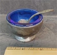 ANTIQUE PEWTER & COBALT BLUE GLASS SALT DIP WITH