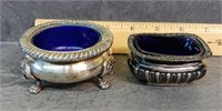 2 ANTIQUE SALT DIPS / PADS W/ COBALT BLUE GLASS