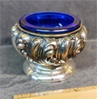 ANTIQUE SALT DIP / PAD W/ COBALT BLUE GLASS INSERT