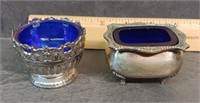 2 ANTIQUE SALT DIPS / PADS W/ COBALT BLUE GLASS