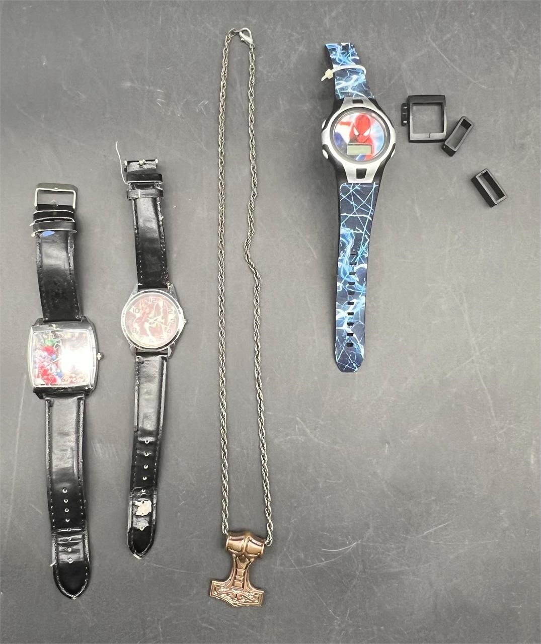 THOR'S HAMMER NECKLACE & 3 SUPER HERO WATCHES