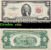 1953b $2 Red Seal United States Note Fr1511 Grades