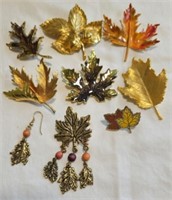 Fall Colored Leaf Pins & Pair of Earrings
