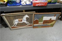 Pair of Lath Art Pictures Rocking Horse & Barn