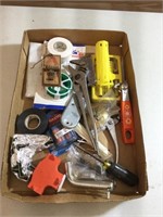 Plier, batteries, screwdrivers, tape, can opener