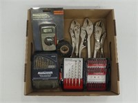 BOX: VISE GRIPS, MULTIMETER, DRILL BITS, ETC.