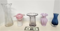 Vases (5), Ruffled edges, frosted,