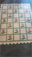 GREEN & WHITE HANDMADE QUILT WITH FLOWERS