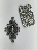 2 Silver Tone Rhinestone Brooches