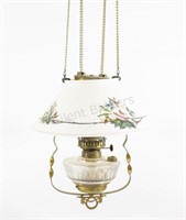 Victorian Parlor Brass Hanging Oil Lamp w Painted