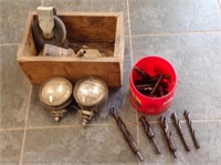 GROUP OF LARGE DRILL BITS, TRACTOR LIGHTS.....