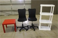 (2) Office Chairs with Table and Shelf