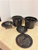 Granite ware Speckled Pot, Strainer, Ect