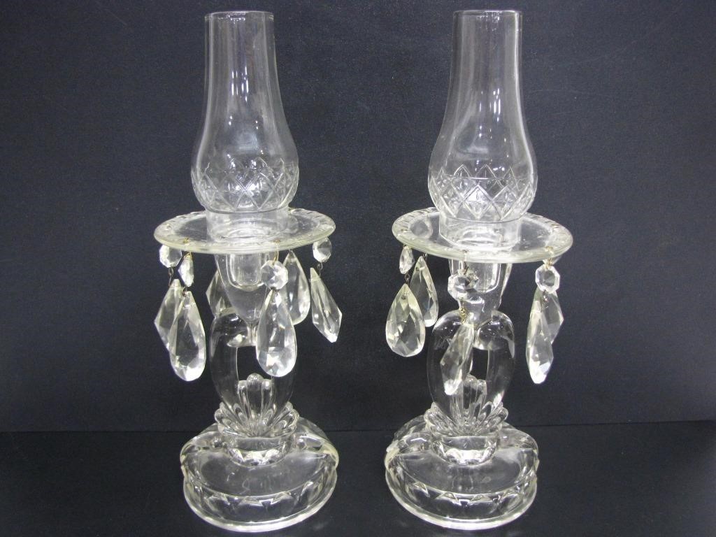 PAIR OF GLASS CANDLE STICKS W/ DROP PRISMS