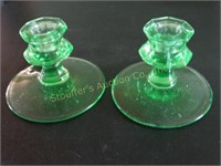 2 Vaseline Uranium Depression Glass Candle Sticks,
