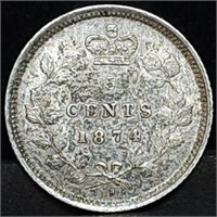 1874 H Canada 5 Cents Queen Victoria Silver Coin