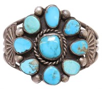 NATIVE AMERICAN SILVER TURQUOISE CLUSTER CUFF
