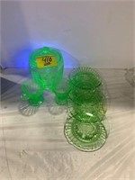 GREEN URANIUM GLASS BISCUIT JAR, CREAMER & SUGAR,