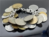 Sterling silver vintage coin charm bracelet