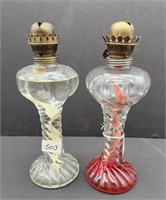 2 Vintage Swirl Pattern Glass Oil Lamps
