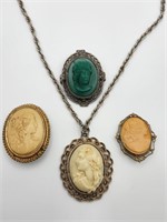 4 Vintage Cameo Style Brooches / Pendants
