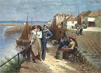 Painting of Sailors Courting Young Ladies Dockside
