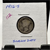 1916-S MERCURY SILVER DIME 1ST YEAR SC DATE