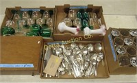 BOXES OF MIXED SILVERWARE, 2 BOXES GLASSWARE