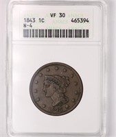 1843 Braided Hair Large Cent ANACS VF30