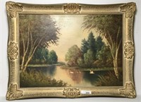 Swans on Lake Oil on Canvas in Ornate Frame