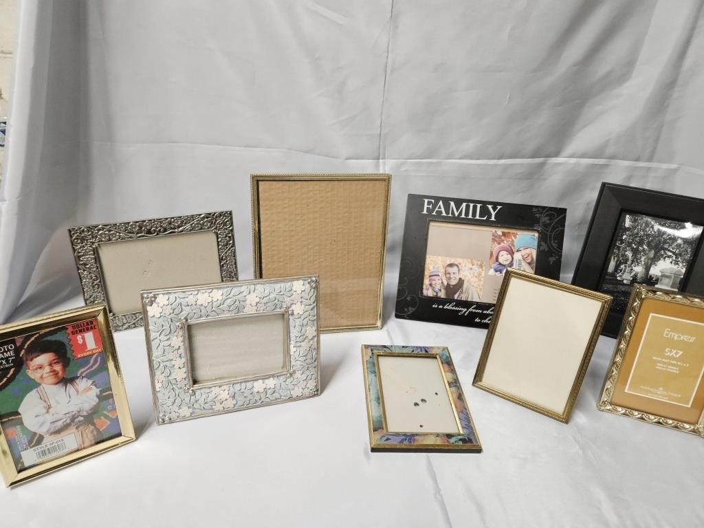 9 PICTURE FRAMES OF ALL SIZES BIGGEST IS 10"X8"