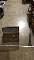Ice scraper, metal tool box, various tools