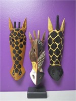 3 Wood Carved Animal Masks African Decor