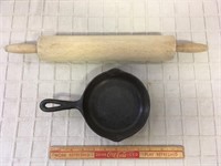 WOODEN ROLLING PIN AND SMALL CAST PAN