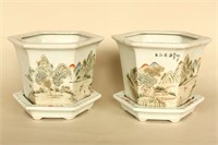 Pair of Chinese Porcelain Jardinieres and Saucers,