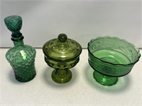 3- green glass candy dish bowl decanter bottle -