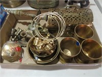 BOX OF BRASS CUPS, BOWLS, CANDLE HOLDER, MISC