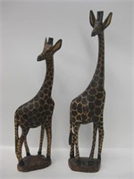 2 Signed Carved Wood Giraffes - 18" Tallest