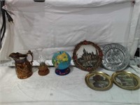 SMALL OIL LAMP, TIN BANK GLOBE, LUSTER PITCHER