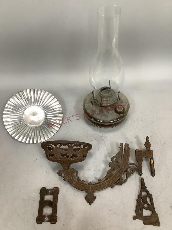 Antique Oil Lamp with Cast Iron Sconce