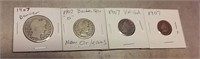 1907 silver half dollar & quarter, nickel, penny