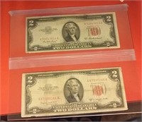 2 old 1957 red seal 2 dollar bills