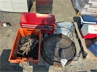 Pallet of misc tools,chains,saw blades,6" grinder