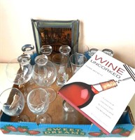Stained Glass hanging, Wine book, assorted glasses