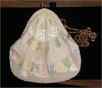 triangular white iridescent beaded bag 8"