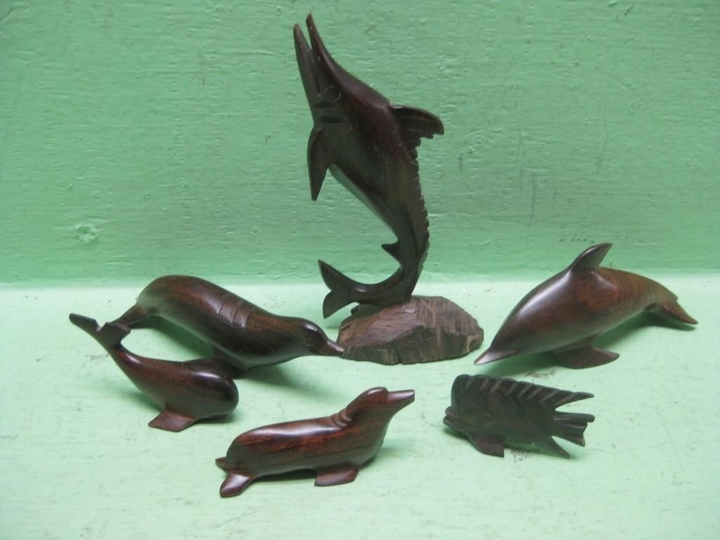 Six Carved Ironwood Sea Creatures