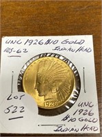 UNC. 1926 $10 GOLD INDIAN HEAD EAGLE