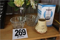 (2) Glass Bowls, Floral, Pottery Vase Signed on