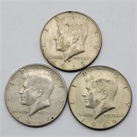 3- KENNEDY SILVER HALF DOLLARS '64, '66 & '68D